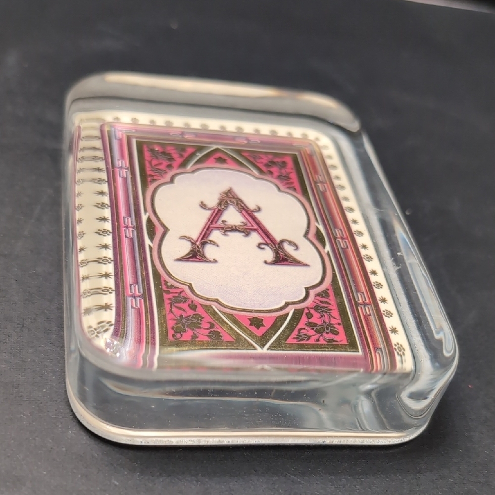 Vintage Art Glass Paperweight Features The Letter A On a Card .